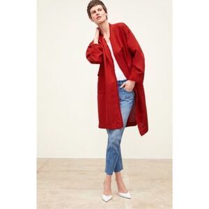 This is a Zara Red Linen Long Duster Coat with Pockets burnt orange oversized